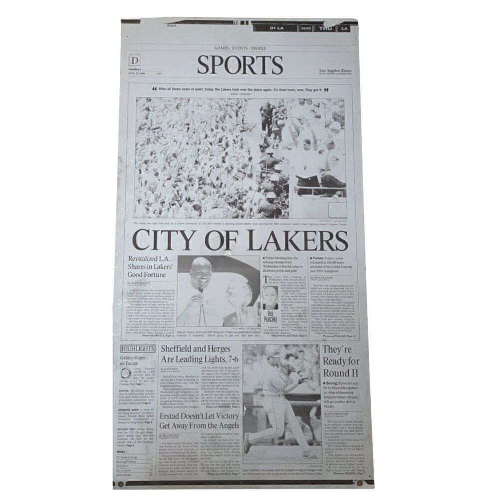 Rare Vintage LA Times Newspaper Printing Plate: City of Lakers - June 13, 2002